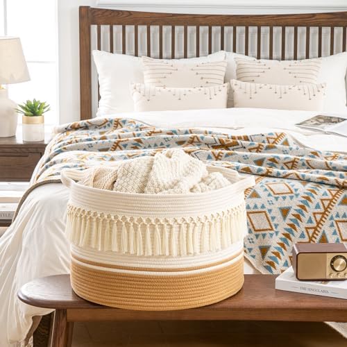 KAKAMAY Large Blanket Basket (20"x13"),Woven Baskets for storage Baby Laundry Hamper, Cotton Rope Blanket Basket for