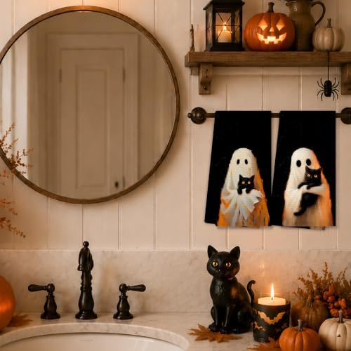 Halloween Ghost Black Cat Kitchen Towels, Halloween Hand Towels for Bathroom Decor, Whimsical Spooky Ghost Hugs Black Cat Dishcloths Dish Towel for Kitchen 16x24 Inches Set of 2
