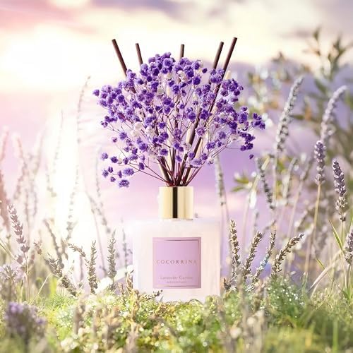 COCORRÍNA Reed Diffuser - Lavender Garden 6.7 Fl.oz Reed Diffuser Set with Sticks & Preserved Baby's Breath, Reed
