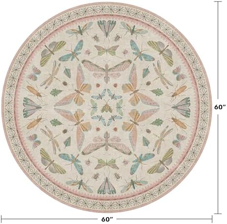 Insect Pink and Blue 5ft Round Area Rug for Living Room - Washable Floral Fun Boho Rugs for Playroom, Girls Bedroom