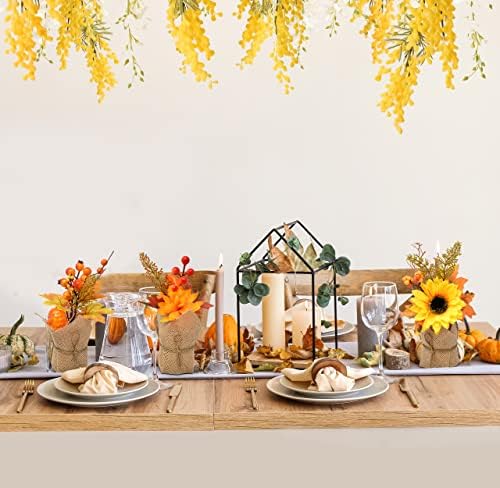 Fall Burlap Floral Arrangements – Set of 3 Artificial Sunflower, Pumpkin