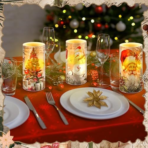 Retisee 3 Pcs Christmas Flameless Candles with Remote Timer Real Wax LED Flickering Pillar Candle White Cold Light Battery Operated for Home Window Xmas Gift Winter Holiday Decor(Retro)