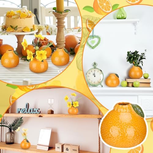 Sieral 3 Pcs 3.7 Inch Ceramic Orange Vase with Green Leaves Cute Tangerine Shape Ceramic Planter Hydroponics Vase Small Orange Flower Pot for Living Room, Bookshelf, Office Home Decor