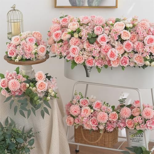 8 Pcs Mixed Artificial Peony Flowers Set-4 Bouquets & 4 Stems, Pink Fake Peony Rose Hydrangea Flowers for Vase Silk Floral Arrangements for Table Centerpiece Wedding Party Bridal Decoration Home Decor