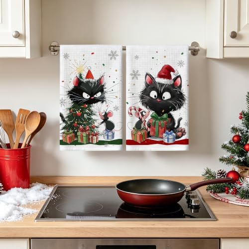Christmas Kitchen Towels Set of 2 Holiday Decor Cat Hand Towels 16x26 Inch