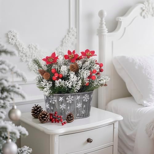 Christmas Centerpiece Table Decorations, Artificial Norfolk Pine with Poinsettia Flowers, Pine Cones & Berries in Metal Planter, Dining Table & Coffee Table Centerpiece for Christmas Décor, 1-Pack