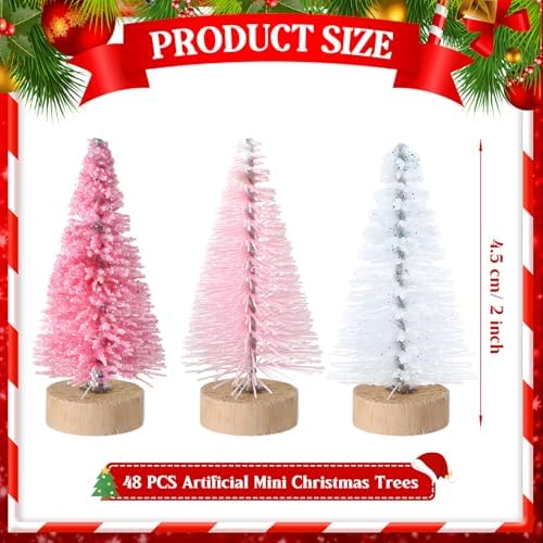 Sumind 48 Pcs 1.78 Inch Mini Bottle Brush Christmas Trees Pink White