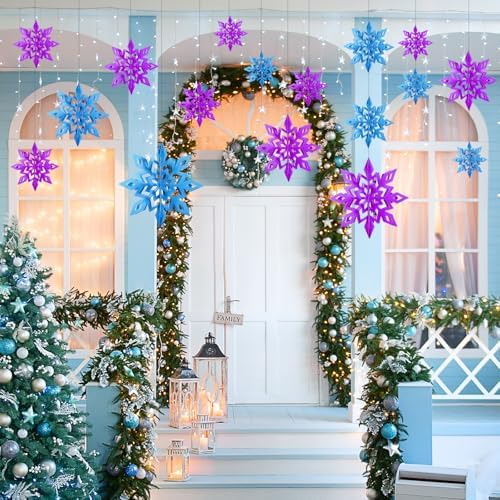 Whaline 18Pcs Christmas Hanging Decorations Purple Blue 3D Snowflake Paper Ornaments with String Large Snowflake Pendant Garlands for Xmas Winter Wonderland Party Home Ceiling