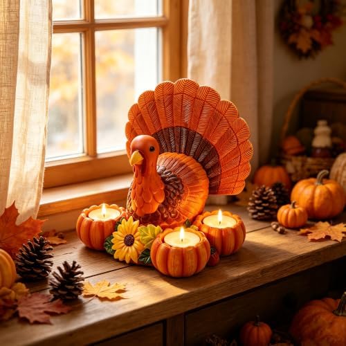 Thanksgiving Turkey Candle Holders, Turkey tealight Ornaments, Autumn Pumpkin Candle Holders, Indoor Thanksgiving Table Decorations, Resin Turkey Candle Holders