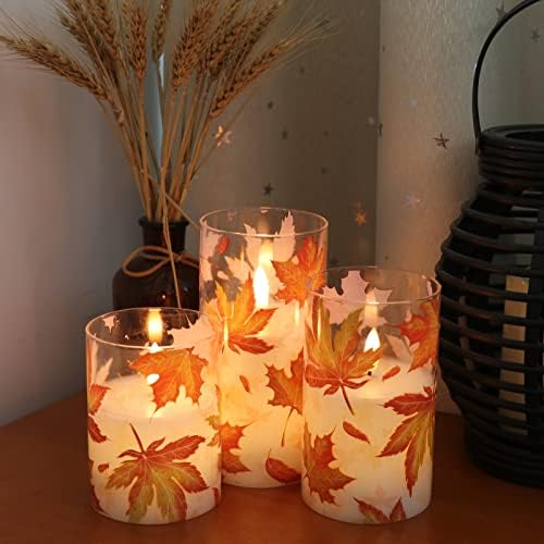 GenSwin Glass Maple Leaf Flameless Candles with Remote Timers, Battery Operated LED Flickering Candles, Real Wax Pillar Candles Christmas Wedding Decoration