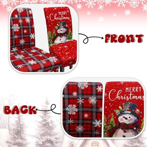 Christmas Chair Covers Set of 6, Xmas Snowman Dining Chair Covers for Party Kitchen Removable Seat Cover for Chairs Christmas Decorations Indoor