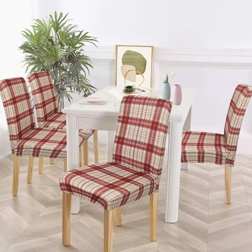4Pcs Fall Plaid Chair Covers Set - Stretch Elastic Edge, Removable Red Chair Protectors, Suitable for Dining Room/Kitchen Chairs