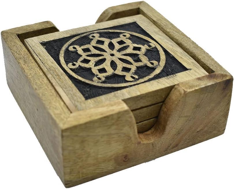 Holder for Tea Coffee Beer Wine Glass Drinks Tabletop Protection / Black-mandala Carving / Set of 4
