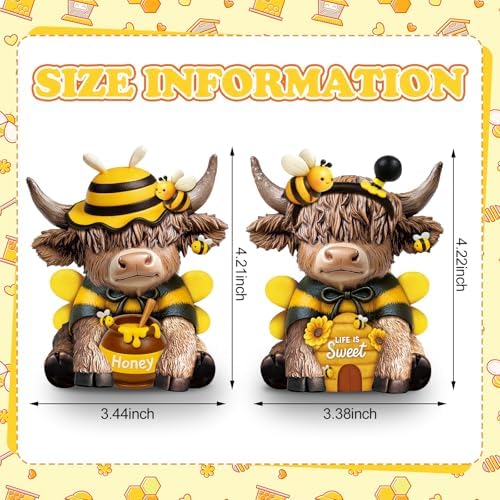 Karenhi 2 Pcs Highland Cow Figurines Resin, Bee Theme Honey Jar Decor
