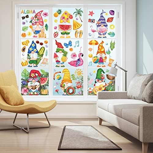 Whaline Summer Window Clings Gnomes Beach Hawaii Window Decals Tropical Fruits PVC Clings Stickers for Summer Home Room Classroom Decor Party Supplies, 9 Sheets