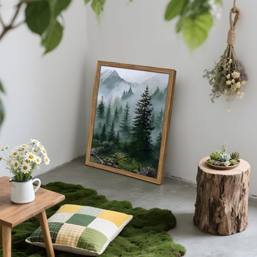 Framed Forest Wall Art Set of 3, Misty Mountain Landscape Canvas Wall Decor Paintings, Nature Tree River Scenery
