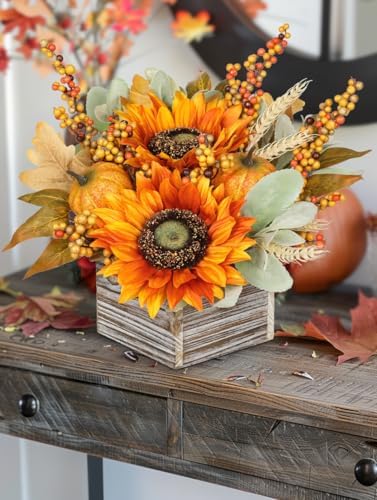 DILATATA Fall Decor Autumn Harvest Floral Centerpiece with Artificial Sunflowers Lambs Ear Gourd and Berries Arrangement for Thanksgiving Party Mantel Fall Decor
