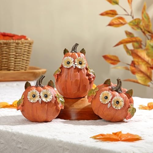 Fall Pumpkin Decor Small Fake Pumpkins Orange Resin Carved Pumpkin Owl Decorative Faux Pumpkin 3Pcs Artificial Pumpkins for Decorating Home Table Farmhouse Mantel Halloween Thanksgiving Centerpieces