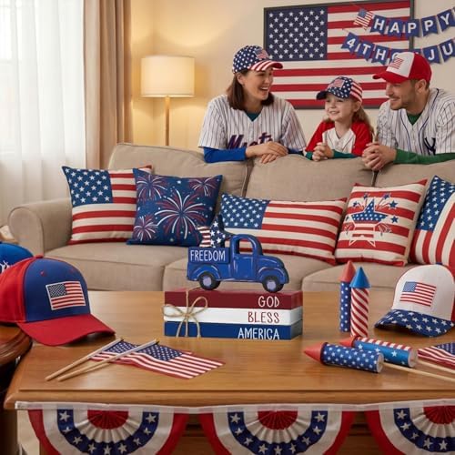 Smile 4pcs Veterans Day Patriotic Memorial Day Indoor Decorations Wooden Decor Table Centerpiece God Bless America Wooden Plaque Ornaments for Home Kitchen