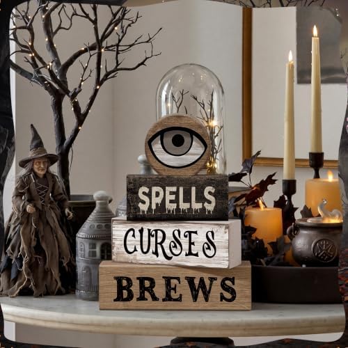 Moucuny 4 Pcs Halloween Table Decor Witchy Wooden Stacked Block Decor