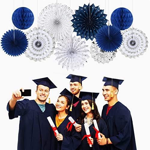 Navy-Blue White-Silver Graduation Party-Decorations - 33pcs Kits Banner, Streamers Tassel Garland,Tissue Pom Poms Honeycomb, Paper Lantern Fans,Wedding Birthday Baby Shower Backdrop Decor Hugtmr