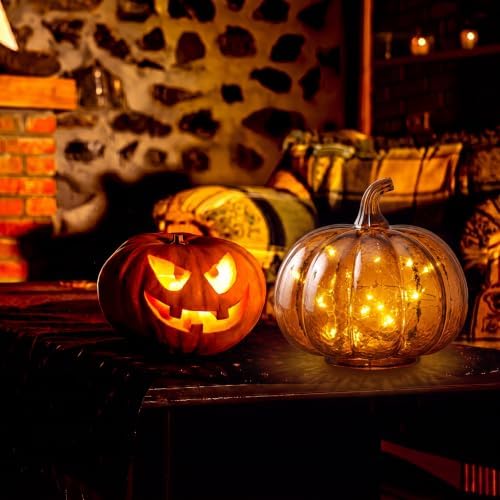 Glooglitter Mercury Glass Pumpkin Light LED Fall Lamp, Round, Amber, Small