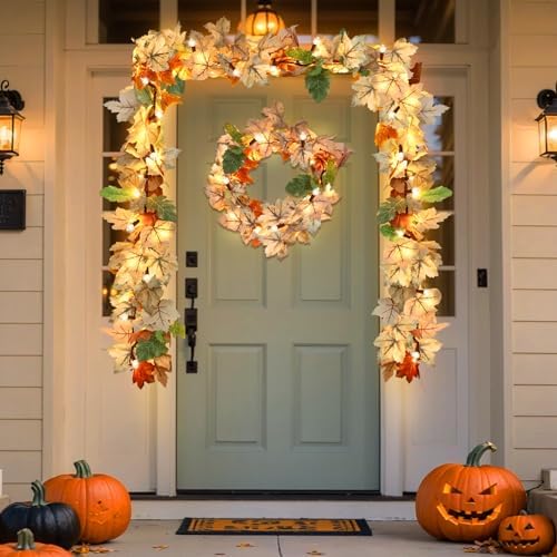 Fall Decorations Lighted Fall Garland, 9FT 50 Count Incandescent Lights Brown Wire UL Certified Connectable Maple Leaves String Lights for Home Fireplace Mantle Thanksgiving Decor