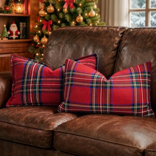MIULEE Christmas Plaid Pillow Covers 20x12 Red Christmas Decorations for Home