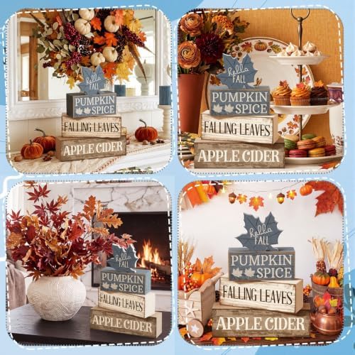 Moucuny 4 Pcs Fall Table Decoration Rustic Blue Maple Leaf Wooden Blocks