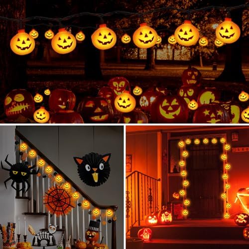 Pumpkin Halloween Decorations Lights, 8.5FT Pumpkin String Lights with 10 LED Waterproof Orange Jack-O-Lantern Lights for Outdoor Indoor Home, Halloween Party Decorations, Black Wire, Plug in