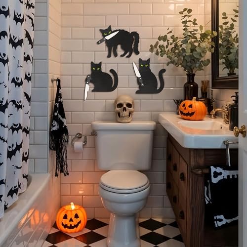 Dripykiaa Scary Black Cat Halloween Wall Decor, 3PCS Wooden Creepy Cat Decorations, Wall Art for Door, Window, Shelf, Bathroom, Living Room Halloween Decorations