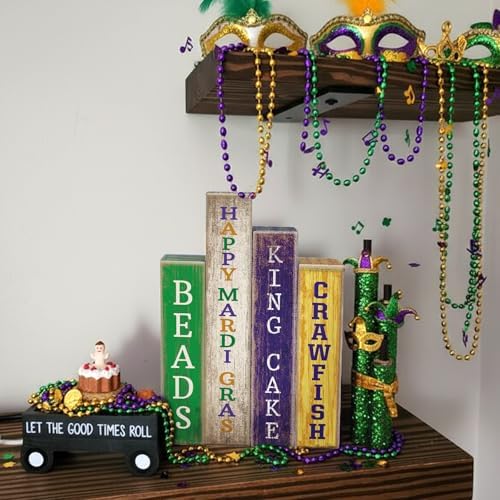 Lineshading 4 Pcs Mardi Gras Table Decor Rustic Wooden Book Carnival Signs