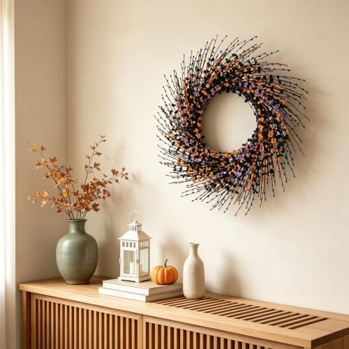 Idyllic 24 Inch Halloween Wreath Black Orange Purple for Front Door