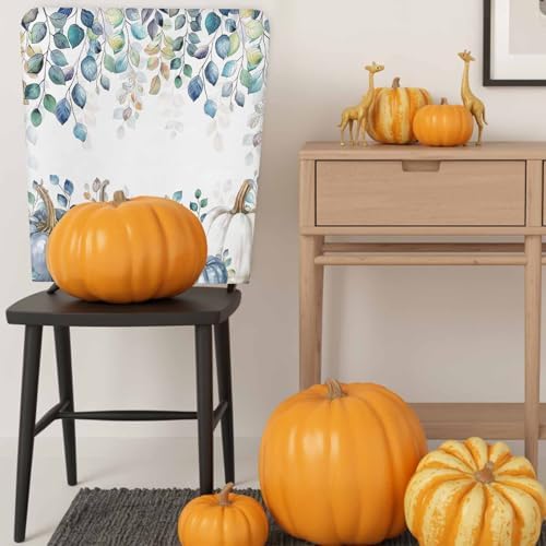 Fall Chair Covers Blue Eucalyptus Leaves Pumpkin Chair Slipcover Protector Removable Stretch Chair Covers Autumn Watercolor Leaf Thanksgiving Chair Back Covers for Dining Chairs Kitchen Holiday Party