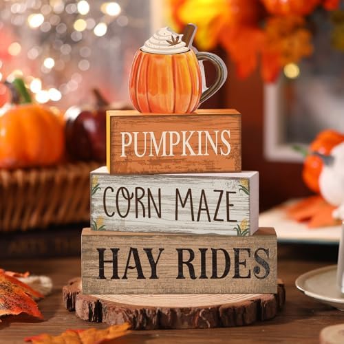 Lineshading 4 Pcs Fall Tiered Tray Decor, Wooden Pumpkin Farmhouse Signs