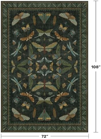 6x9 Dark Green Area Rugs for Dining Room - Rugs for Living Room, Bedroom Under Bed, Insect Moth Floral Non Slip Low