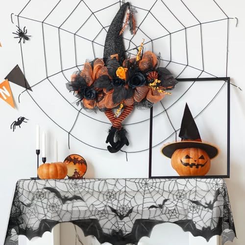 Halloween Wreath for Front Door, Witch Hat & Spiderweb Mantel Scarf Set