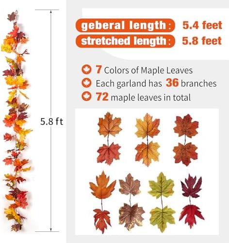 KASZOO 2 Pack Fall Maple Garland with 40 LED String Light- 5.8ft/Piece Artificial Fall Foliage Garland Autumn Decor for Home Wedding Party