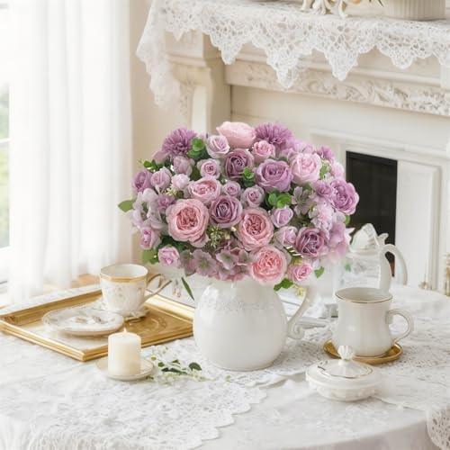 8 Pcs Mixed Artificial Peony Flowers Set-4 Bouquets & 4 Stems, Purple Fake Peony Rose Hydrangea Flower for Vase Silk Floral Arrangement for Table Centerpiece Wedding Party Bridal Decoration Home Decor