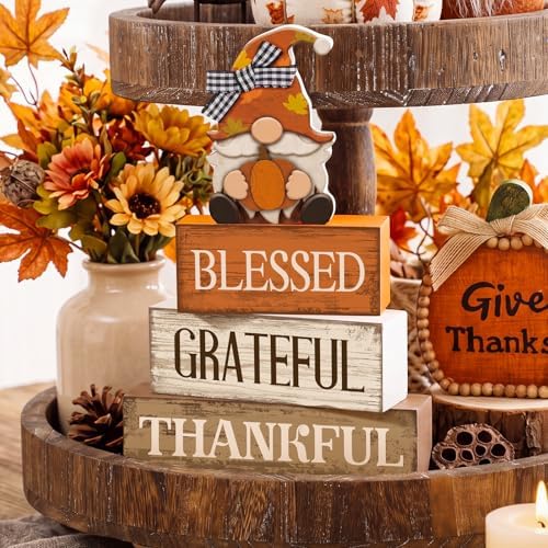 Lineshading 4 Pcs Fall Gnome Block Signs Thanksgiving Tiered Tray Decor