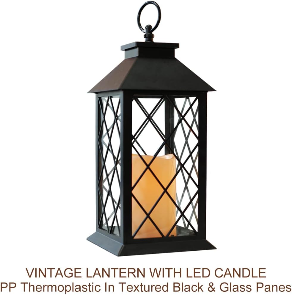 2-Pack 13.5" Vintage Candle Lantern with LED Pillar Candle (Black, 6hr Timer) - IP44 Waterproof Battery Powered
