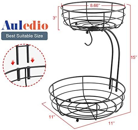 Auledio Iron 2-Tier Countertop Fruit Vegetables Basket Bowl Storage With Banana Hanger, Black, 64 ounces