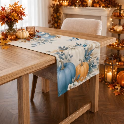 Fall Decor - Blue White Pumpkin Table Runner for Thanksgiving Decorations