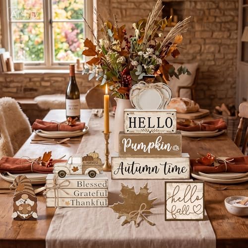 11 Pcs Fall Decorations Set Wooden Pumpkin Maple Leaf and Gnome Signs for Indoor Seasonal Display Cute Rustic Art for Home Cafe Harvest Party Favors and Thoughtful Gift Idea