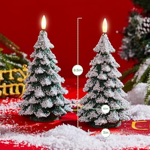 Christmas Tree Candles Covered in Snow with Remote, 2 Pcs Waxy LED Flameless Candles Flickering, Green Electric Candles Battery Operated for New Year Celebration Holiday Decorations 8.5 Inches