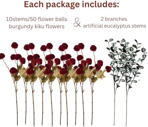 Faux Burgundy Flowers Artificial 10 Long Stems + Eucalyptus, Winter Decor
