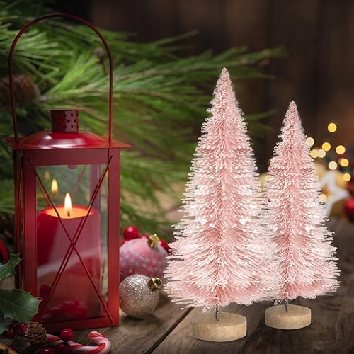 8pcs Mini Christmas Tree, Artificial Bottle Brush Trees with Wood Base, Tabletop Miniature XmasTrees with 4 Small Christmas Wreath, Fake Xmas Tree Ornament, White Christmas Tree for Christmas Décor