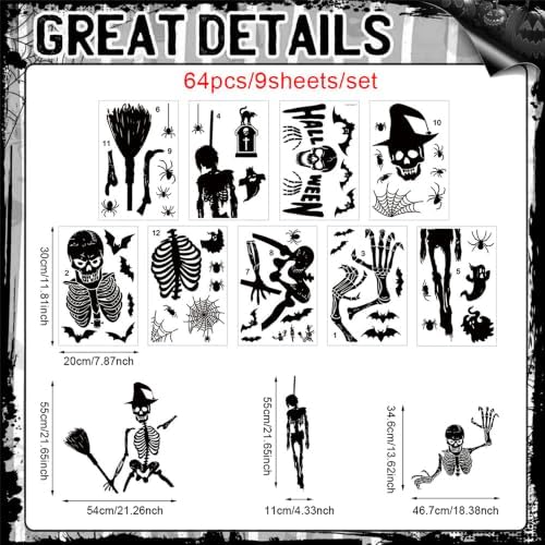 Halloween Skeleton Static Window Clings, Double Sided Ghost Bat Spider Stickers for Party