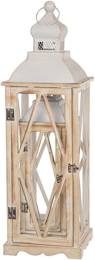 Glitzhome Farmhouse White Wood Metal Lanterns Decorative Hanging Candle Lanterns Set of 2