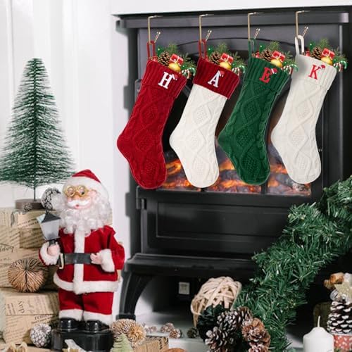 Christmas Stockings with Initials, Letter A Embroidered Xmas Stockings, 18" Large Monogram Knitted Xmas Stocking, Christmas Party Fireplace Family Hanging Stocking Decorations 1Pcs White-Red